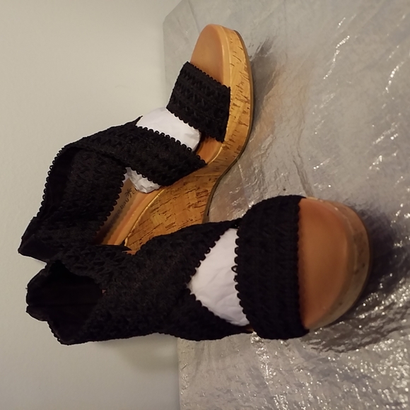 Shoes Black Wedge PLATFORM sandal Ribbon strap 6 casual cork - Picture 3 of 7